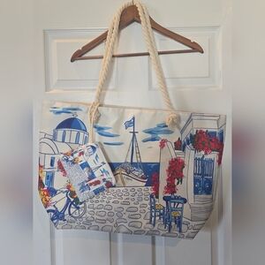 Greek Coastal Print Canvas Tote Bag with Rope Handles and Change Purse